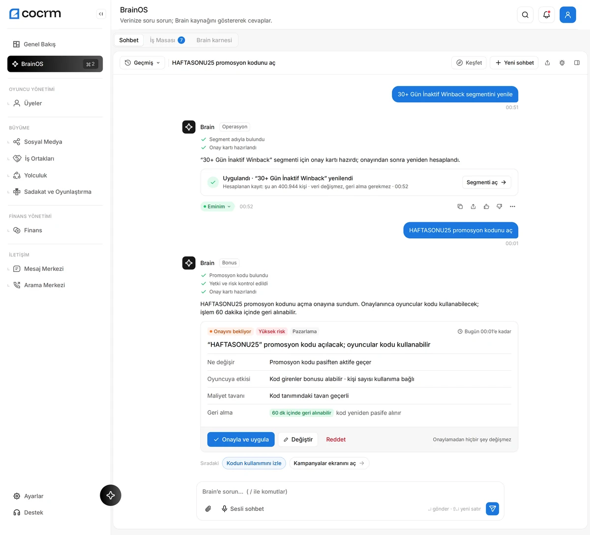A BrainOS approval card: Brain proposes opening a promo code with the reason, the player impact, the cost cap and the undo window; nothing changes until you approve.
