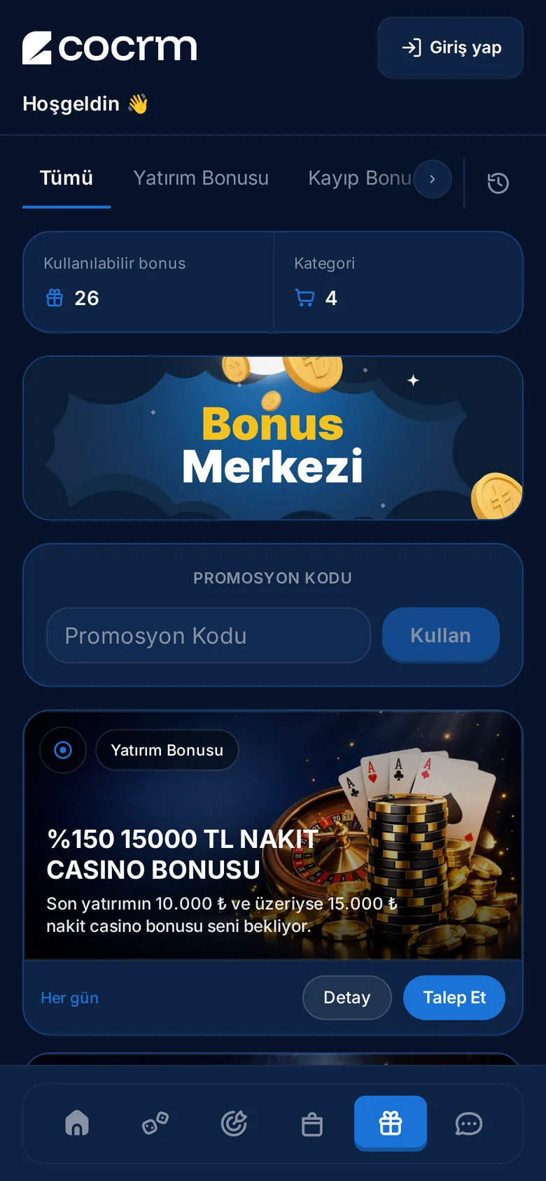 Bonus Center of the Smart Widget, shown in Turkish
